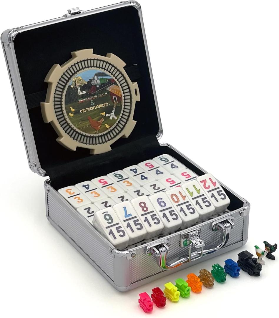 CHH Double 15 Numeral Pro Size Mexican Train & Chicken Domino Set in Aluminum Case  136 Multicolor Tiles  Complete Set with Train Markers and Hub