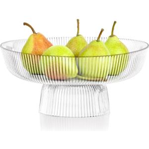ZOOFOX Fruit Bowl for Kitchen Counter, Large Decorative Glass Bowls with Pedestal, Ribbed Pedestal Bowl for Fruit, Vegetable, Salad and Dessert, Key Bowls for Entry Table