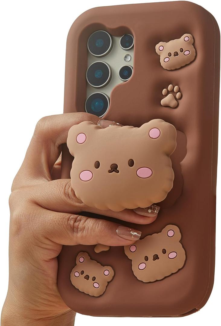 Kawaii 3D Teddy Bear Pop-Up Stand and Grip Phone Case for Samsung Galaxy S24 Ultra, Cute Cartoon Animal Phone Cover for Girls, Boys, Kids, Teens, and Womens