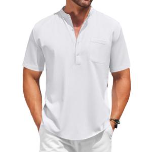 COOFANDY Men's Casual Henley Shirt Short Sleeve Summer Beach Band Collar Shirt Hippie Henley T-Shirts with Pocket (L)
