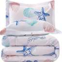 JSD Beach Theme Kids Comforter Set Full Size, 3 Piece Jellyfish Starfish Shell Printed Comforter with Pillow Shams, Lightweight All Season Washable