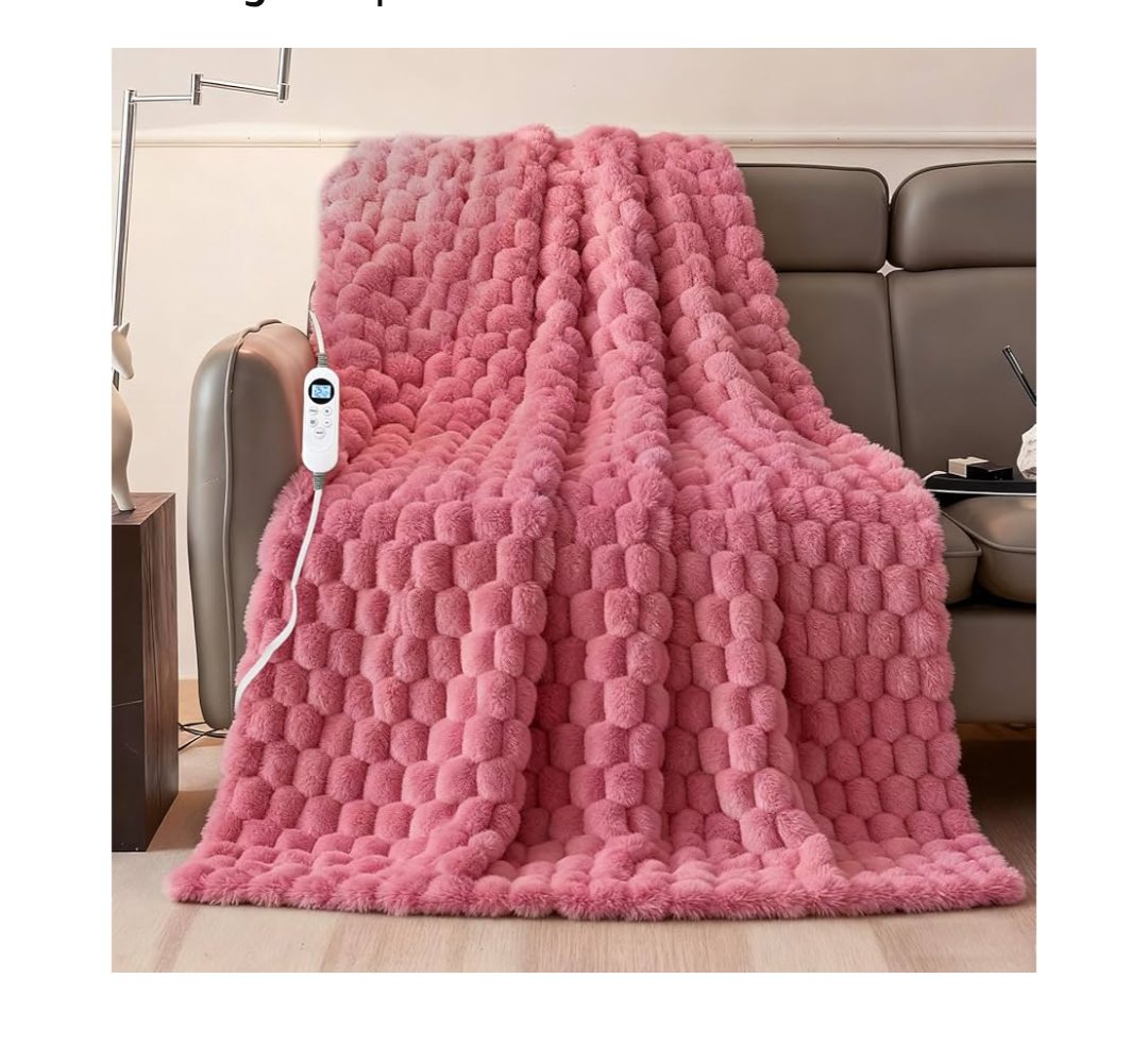 Electric Heated Blanket Throw Soft Ribbed Faux Fur Flannel Fast Heating 12 Heat Levels 1–12H Timer & Overheat Protection & Auto Shut-Off & ETL FCC & Machine Washable Heated Throw (Pink)