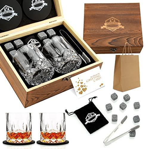 Whiskey Stones Gift Set - Whiskey Glass Set of 2 - Granite Chilling Whiskey Rocks - Scotch Bourbon Gifts for Men -Valentine's Day Birthday Gifts for Men Dad Him Husband Drinking Gift for Holiday