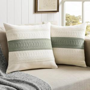 ZeeMart 2 Packs Cotton Boho Throw Pillow Covers 16x16 Inch Contrast Green, Soft Farmhouse Decorative Couch Pillow Cases Sage Green Cushion Covers for Sofa Bed Living Room Home Decor