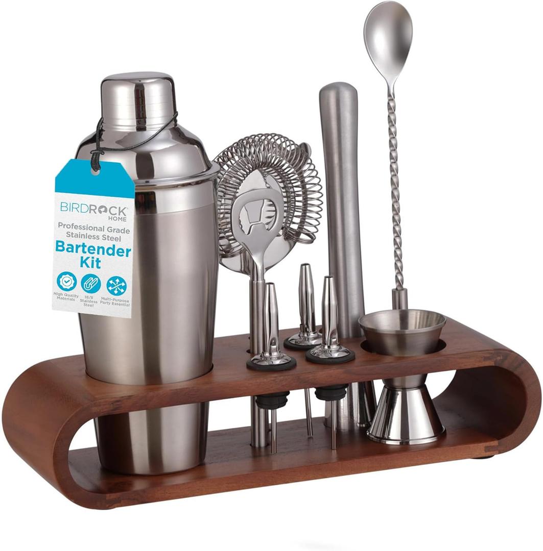 BIRDROCK HOME 10 Piece Professional Bartender Cocktail Mixing Set with Acacia Wood Stand | Stainless Steel Bar Tools for Home | Gift for Him | Includes Shaker, Muddler, Strainers, Jigger, and Spoon