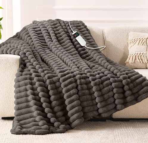 Qieryun Heated Blanket Electric Throw, Soft Flannel Heating Blanket with 8 Hours Auto Off 10 Fast Heating Levels Machine Washable Sherpa Heated Blanket with Overheating Protection (Throw (50" x 60"), Light Gray)