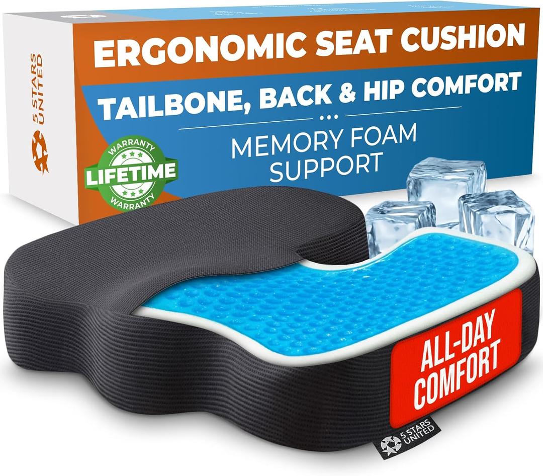 5 STARS UNITED Seat Cushion - Memory Foam&Cooling Gel Chair Cushion for Tailbone Pain Relief - Ergonomic Support for Coccyx, Sciatica & Butt - Office, Desk & Gaming Chair, Car Seat, Wheelchair, Black (Large, Black Arctic Mesh)