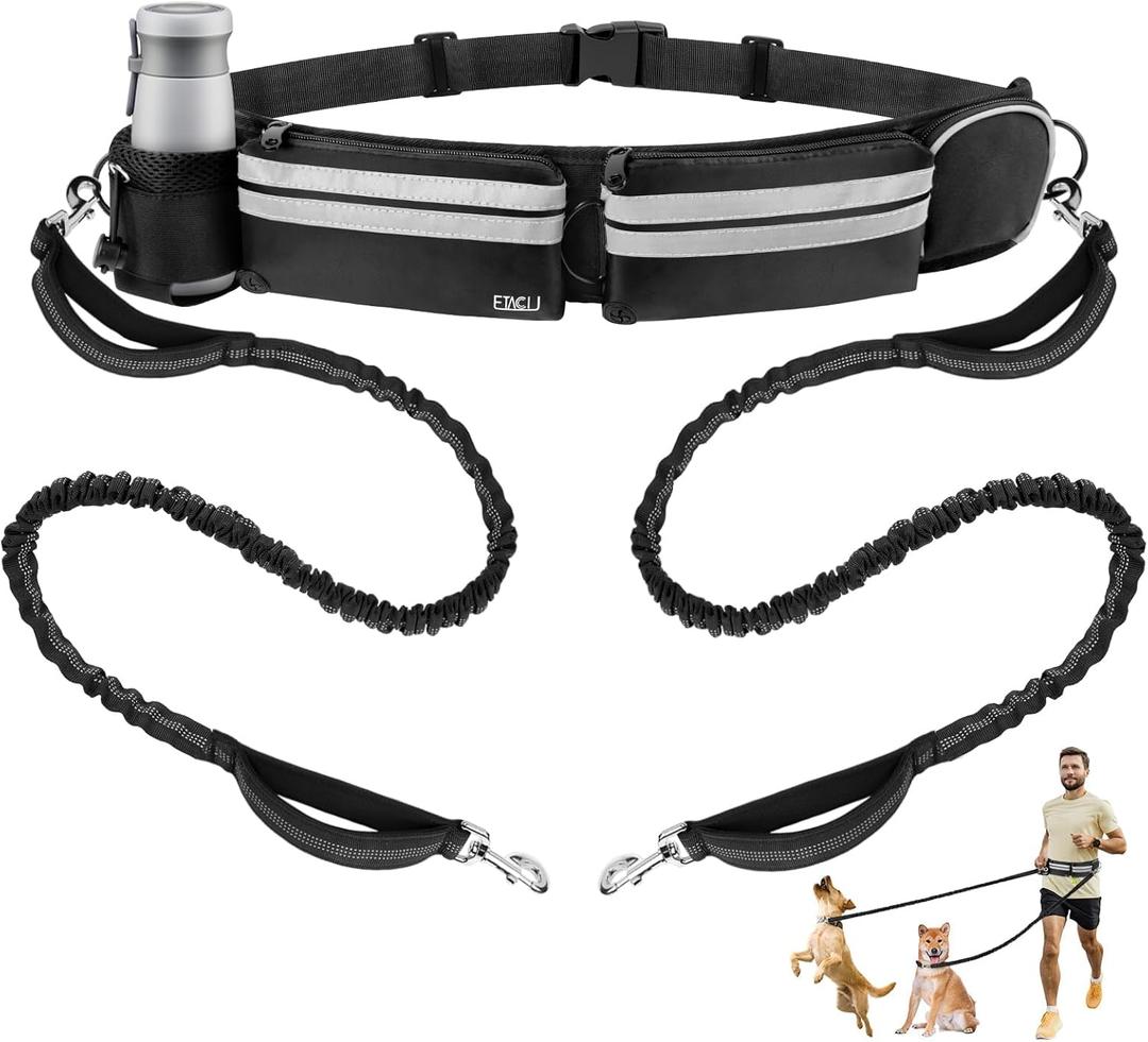 ETACCU Hands Free Dog Leash, Dog Walking Belt for 2 Dogs with Dual Padded Handles and Retractable Bungees, Reflective Waist Leash for Dog Walking Running Hiking Jogging Biking (Black),48.8 inches