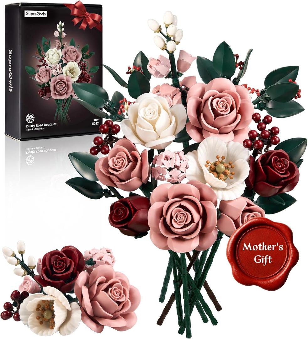 iATOM Pink Roses Flower Bouquet Building Set, Artificial Flowers Botanical Collection Kit for Adults Women & Men - Gift for Mothers Day, Home Room Office Shelf Centerpieces Decor - IA11022