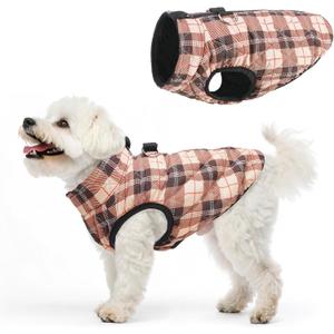 SCENEREAL Dog Winter Coat Boy Girl- Warm Jacket with Built-in Harness for Small & Medium Dogs, Fall Winter Waterproof Cold Weather Coat, Fleece Puffer Vest - Windproof Snow Puppy & Pet Clothes (M(Chest 16.5")-Regular, #2 Beige Square Plaid-Gloss)