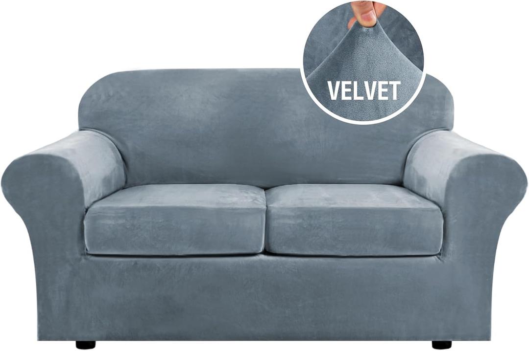 H.VERSAILTEX Real Velvet Plush 3 Piece Stretch Sofa Covers Couch Covers for 2 Cushion Couch Loveseat Covers Width Up to 72 Inch Feature Thick Soft Stay in Place (Medium Sofa, Stone Blue)
