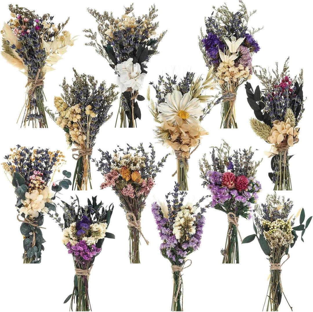 Layhit 12 Pack Boho Dried Flower Bouquet Mini Wedding Handmade Dry Flowers Decor for Vase Crafts DIY Photo Boutonniere for Men Floral Plant for Bridesmaid Gift Birthday Decor(Romantic)