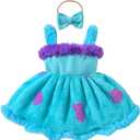 Infant Baby Girl Halloween Costume Outfit Funny Monster Fuzzy Romper Dress Sleeveless Plush Dresses with Headband (Blue, 0-3 Months)