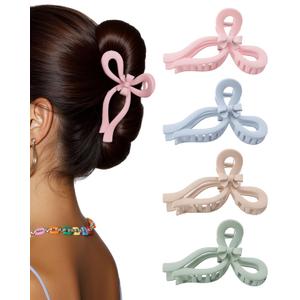 4 PCS Bow Hair Clips for Women Bow Claw Clip 4" Large Hair Claw Clips for Thick and Long Hair Cute Bows Jaw Clip (4" - Pink + Blue + Green + Dark Apricot, 4" Larger) (1 Count (Pack of 4))