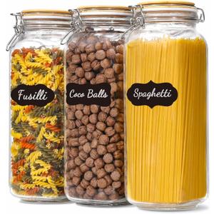 VITEVER [ Taller ] 92oz Glass Jars with Airtight Lid, Large Glass Food Storage Jars, 3 Pack Wide Mouth Airtight Glass Jars for Kitchen Pantry Spaghetti, Square Mason Jars with Labels (Bamboo)