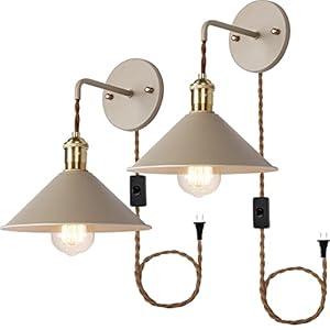 Khaki Plug in Wall Sconces Set of Two, Wall lamp with Plug in Cord of 2 for Bedroom Hanging Wall Lights E26 Edison Brass lamp Holder with Frosted Paint Body Bedside Lamp