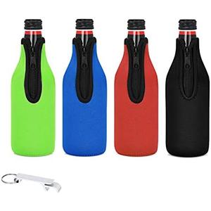 4 Pack Beer Bottle Cooler Sleeves Keep Drink Cold Zip-up Extra Thick Neoprene Insulated Sleeve Cover with Bottle Opener（4 Pack, Multi)