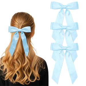 3Pcs Light Blue Hair Bows for Women Double-Layer Long Tail Bow Hair Clip Hair Ribbon Ponytail Holder Hair Accessories for Girls Toddlers