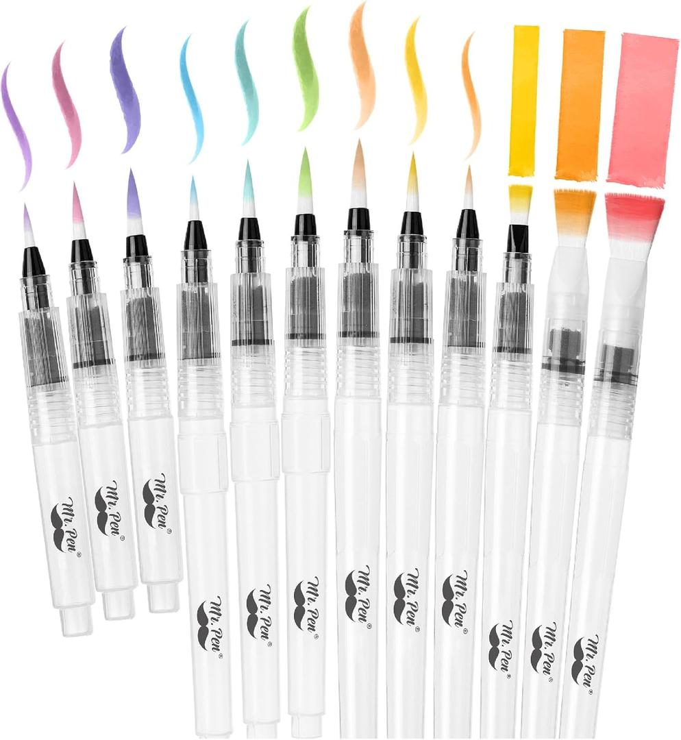 Mr. Pen- Watercolor Brush Pens, 12 pcs, 9 x Point Tips and 3 x Flat Tips Styles, Refillable Watercolor Pens for Acrylic, Gouache Painting, Crayons, Portable Water Brushes for Artists, Beginners, Kids