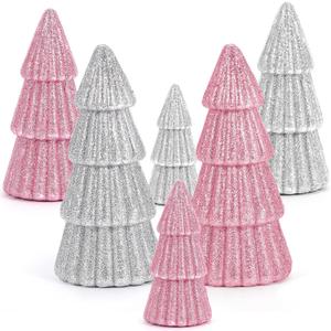 6Pcs Pink Christmas Decor, Tabletop Pink Christmas Tree for Christmas Decorations Xmas Centerpiece for Table Mantel Home Decor