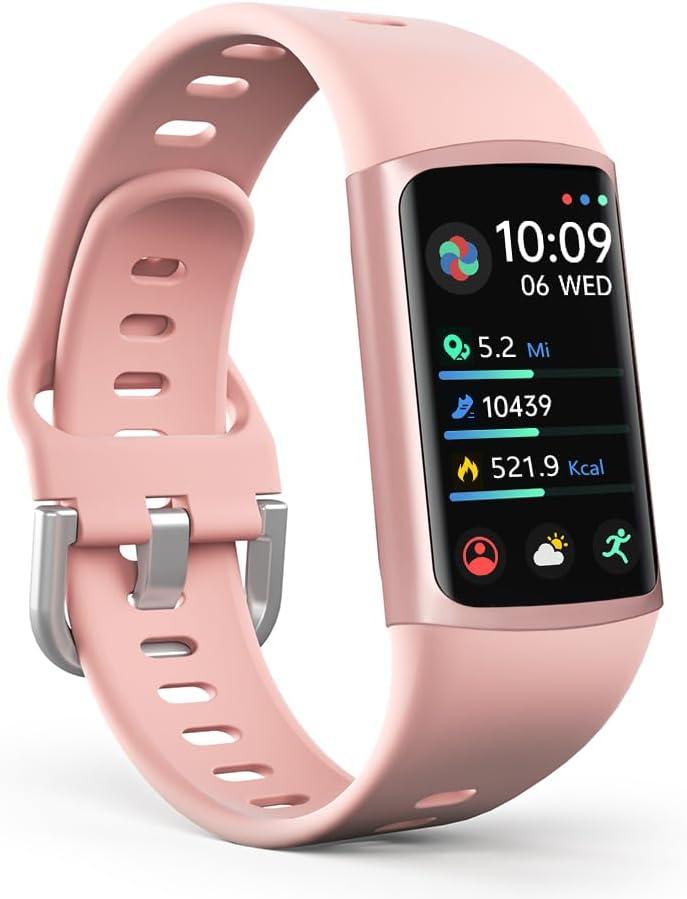 FITVII FINO 2 Slim Fitness Tracker, Smart Watch with Blood Oxygen, Sleep Monitor, 24/7 Heart Rate & Blood Pressure, IP68 Waterproof Health Activity Trackers with Calories Step Counter for Women Men (Pink)