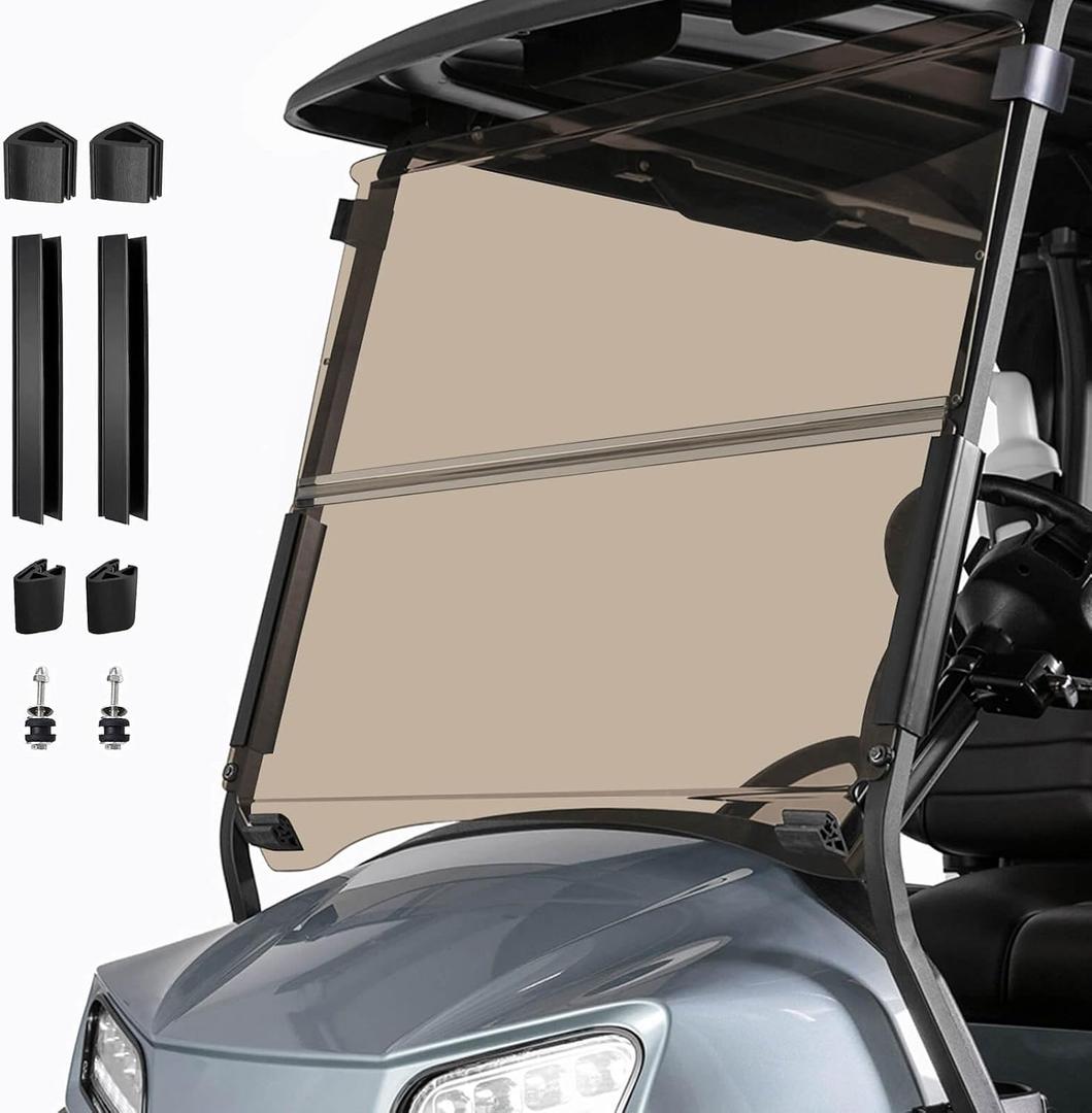 Tinted Golf Cart Foldable Windshield 3/16" (5MM) Thicken for Club Car Precedent 2004+, Tempo & Onward 2017+, 37.4" W×32.7" H, Fits 1"×1" Strut Rail Window Glass Replacement Scratch-Resistant