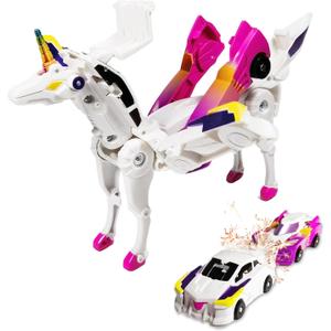 Transforming Car Robot Toys, Unicorn Racing Car Set, Boys and Girls, Automatic Deformation, Magnetic Connections, Educational, Collision to Magical Unicorns, Birthday Party (Pink)