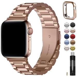 Fullmosa Metal Band Compatible with Apple Watch Bands Series 11 10 46mm, Stainless Steel Strap iWatch Band with Case for Apple Watch, Rose Gold