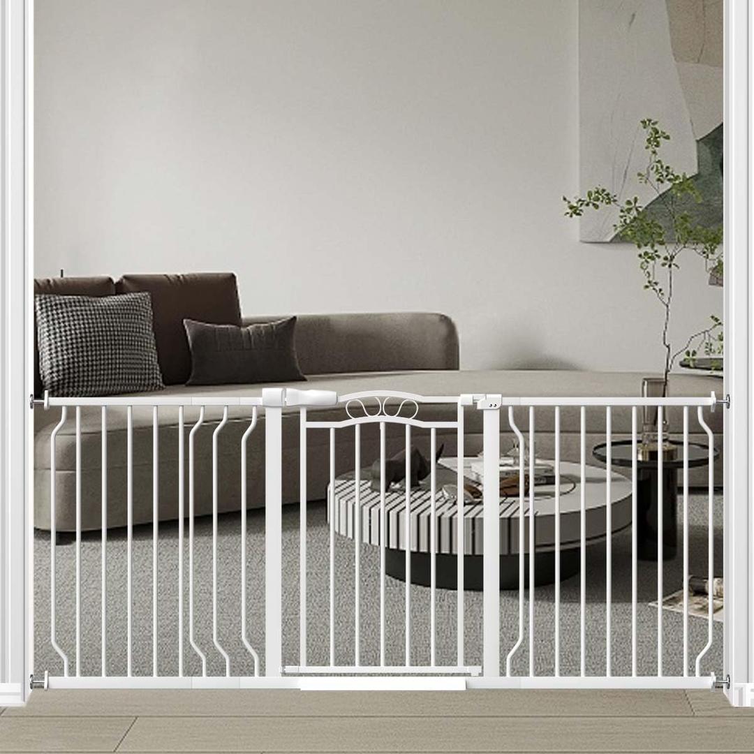 Fairy Baby 62.5"-71.6" Extra Wide Long Baby Gate for Doorways, Large Dog Gate for the House, No Drill Baby Gate for Stairs, Pressure Mounted Toddler Safety Child Gate Auto Close Pet Gate Indoor, White