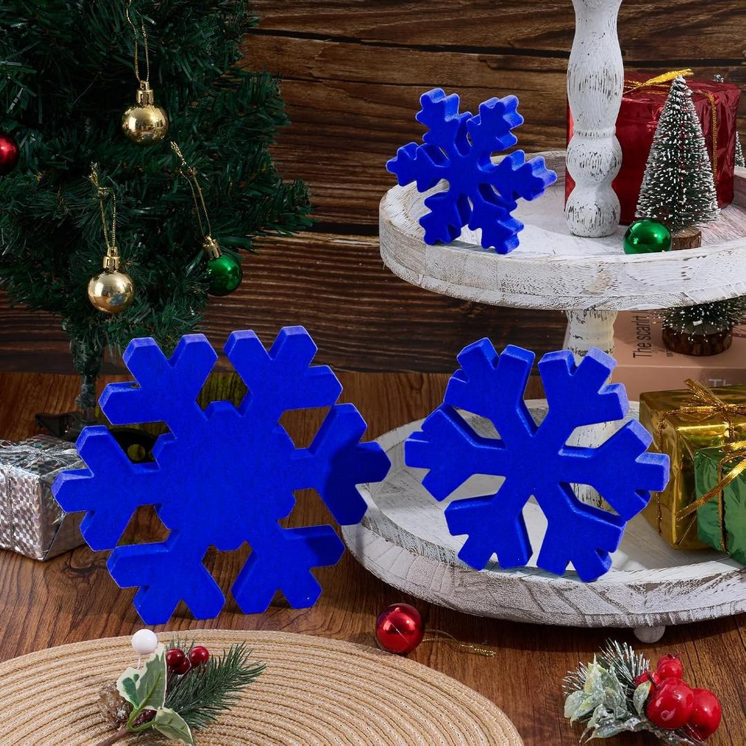 3 PCS Velvet Flocked Wooden Snowflake Decoration, Blue Christmas Snowflake Table Sign Winter Tabletop Centerpiece Wood Blocks for Indoor Xmas Winter Centerpieces for Tiered Tray Home Decor