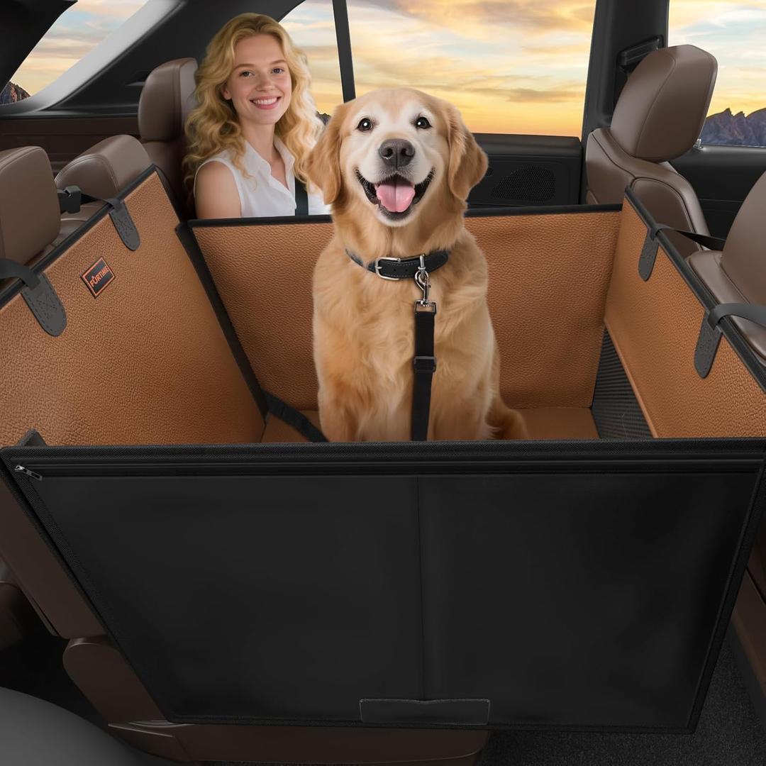 FURTIME Large Dog Car Seat, Upgraded PU Leather Back Seat Extender with Hard Bottom, Waterproof Pet Car Seat Cover for Medium Sized Dog, Pet Hammock for Cars, SUVs, Trucks, Brown