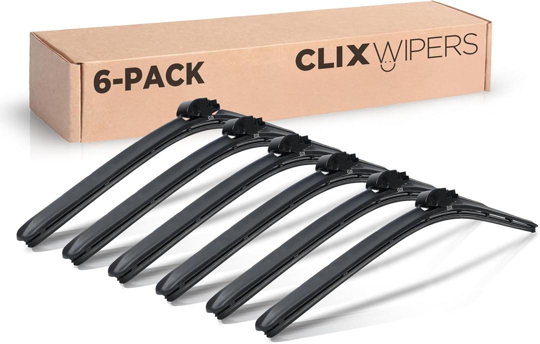 ClixWipers 26-Inch Windshield Wiper Blades 6 Pack Automotive Replacement Windshield Wiper Blades, All-Weather Car Accessories, Fits J-Hook, Pinch Tab & Top Button Wiper Arms