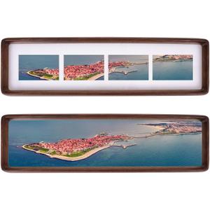 4x16 Collage Picture Frame Walnut Wood, Multiple Four 2x3 Photos or 4x16 without Mat, Rustic Photo Frame with Tempered Glass Hanging or Tabletop Displaying Horizontally or Vertically