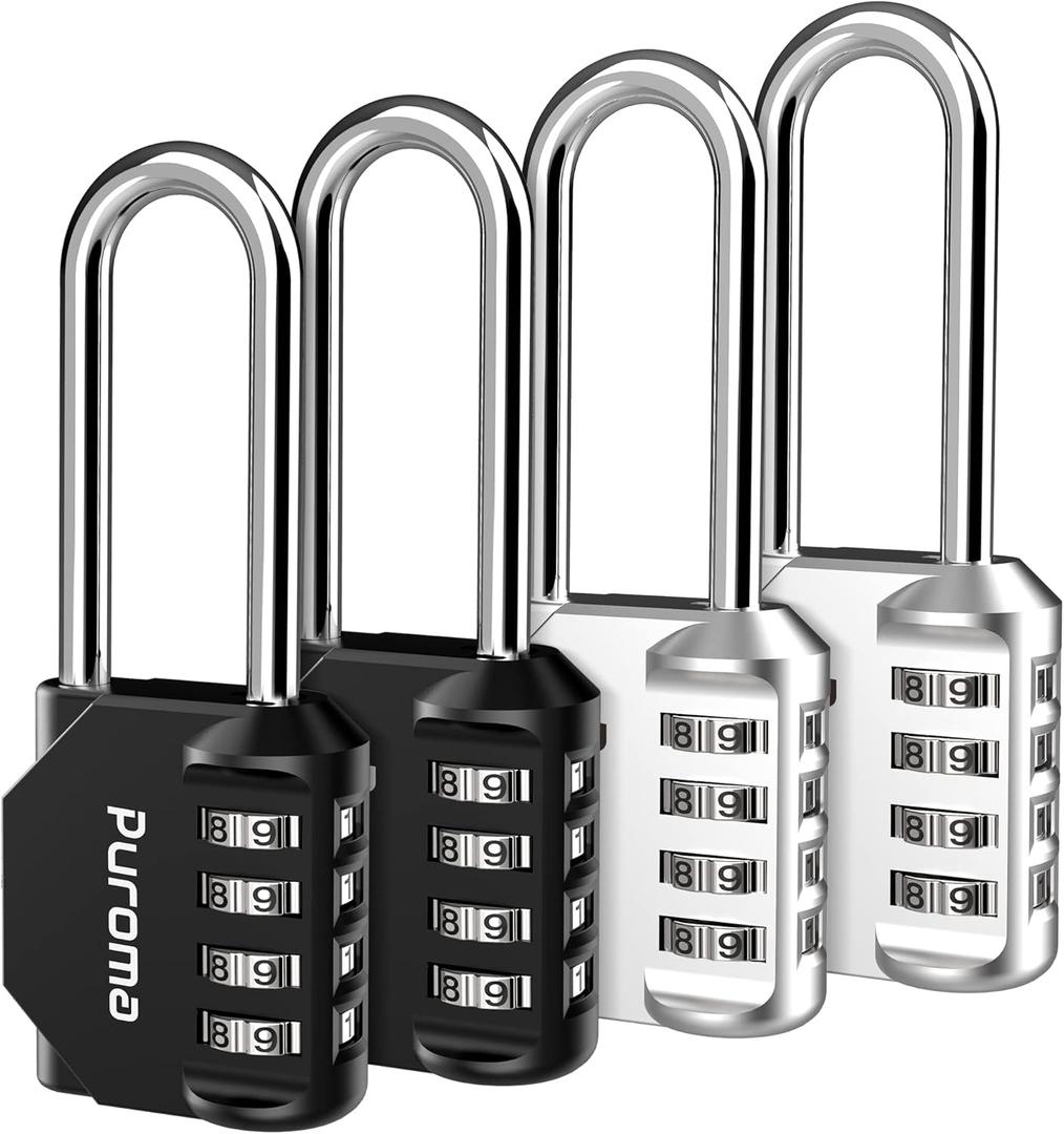 Puroma 4 Pack 2.6 Inch Long Shackle Combination Lock 4 Digit Outdoor Waterproof Padlock for School Gym Locker, Sports Locker, Fence, Gate, Toolbox, Case, Hasp Storage (Silver & Black)