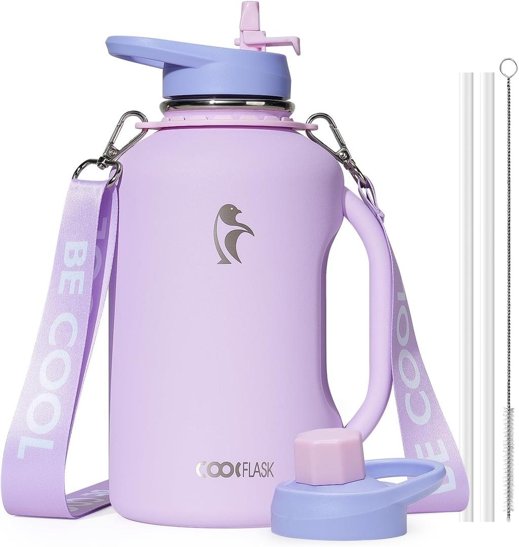 Coolflask Half Gallon Water Bottle with Straw, 64 oz Insulated Stainless Steel Water Jug With Handle Metal Double-Walled Vacuum Large Flask With Strap Leakproof, Keep Cold 48 Hrs Hot 24hrs, Lavender
