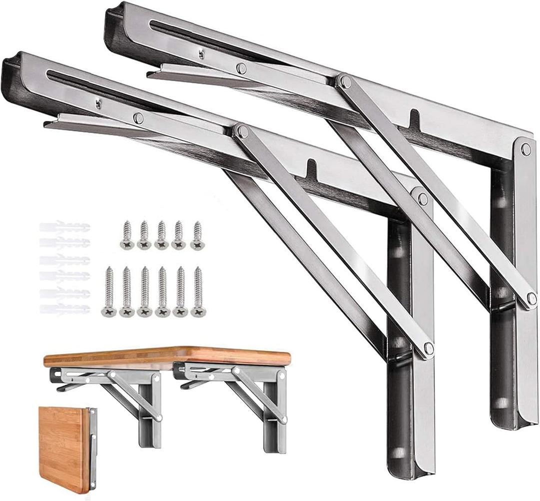Folding Shelf Brackets Stainless Steel 16 inch 2 Pcs Max Load: 350 lb - Heavy Duty DIY Wall Mounted Collapsible Shelf Bracket, Space Saving for Garage Workstation, Stuff Supports, Table, Workbench