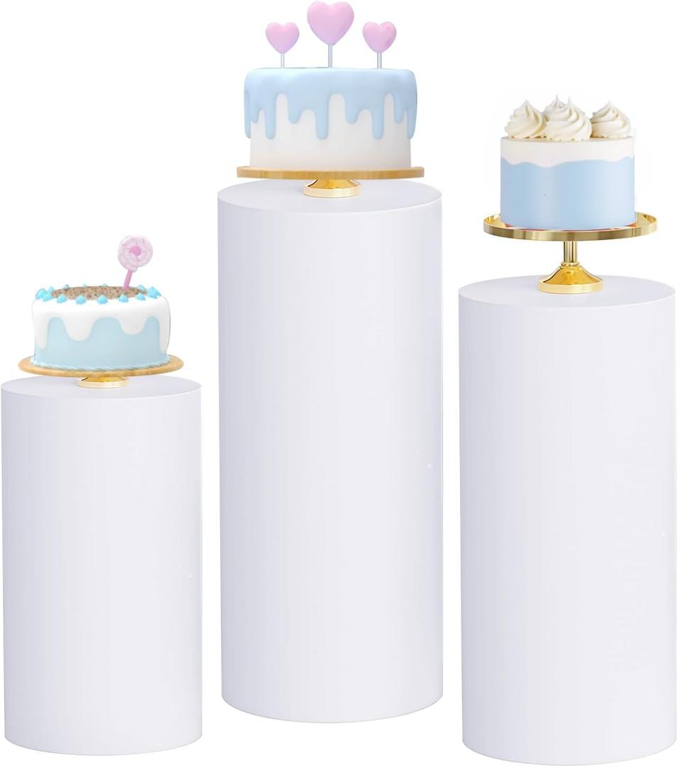 Babenest White Cylinder Pedestal Stand Covers Set of 3, Spandex Vintage Fitted Round Pedestal Covers, Elastic Cloth Pillar Plinth Cover for Birthday Wedding Party Reception Decoration(Without Stands)