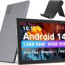 10.1 Inch Android 14 Tablet for Adults, Octa-Core, 12GB RAM 64GB Storage(2TB Expand), Octa-Core, WiFi 6, Bluetooth 5.0, Large Touch Screen Tablet for Work, Study & Entertainment