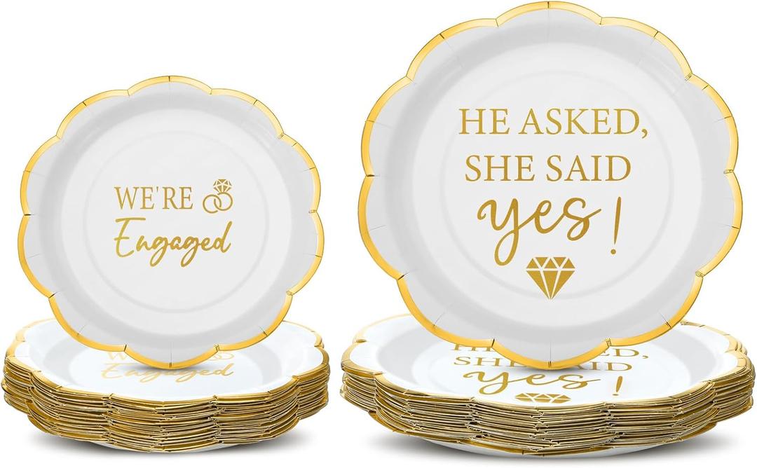 Yungyan 50 Pack Engagement Paper Plates White and Gold Engagement Party Decorations 7" 9" Gilded Edge He Asked She Said Yes We're Engaged Plates for Wedding Birthday Party Bridal Shower Supplies