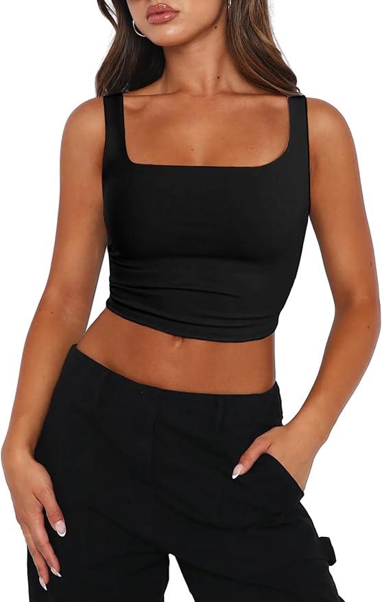 Zeagoo Women's Square Neck Tank Tops 2025 – Cute Double-Layer Seamless – Slim Fit – Sleeveless, Black, Size XL
