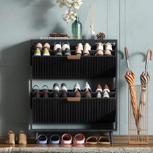 Shoe Cabinet Storage,Modern Freestanding Organizer with 2 Flip Drawers,Narrow Shoe Rack Cabinet for Entryway,Black