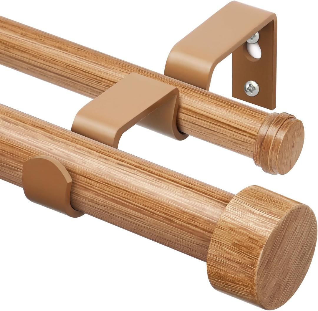 KAMANINA Wood Double Curtain Rod for Windows 66 to 120 Inches (5.5-10 Feet), 1 Inch Heavy Duty Long Curtain Rods for Windows, Wood Grain Telescoping Drapery Rods with End Caps