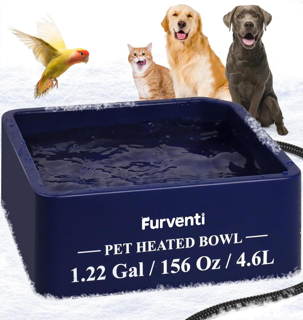 Heated Water Bowl for Dog Cat,1.22 Gallon,Outdoor Waterproof Heated Pet Water Dish with 79" Chew Resistant Cord for Rabbit, Chicken, Duck, Squirrel (Navy Blue)