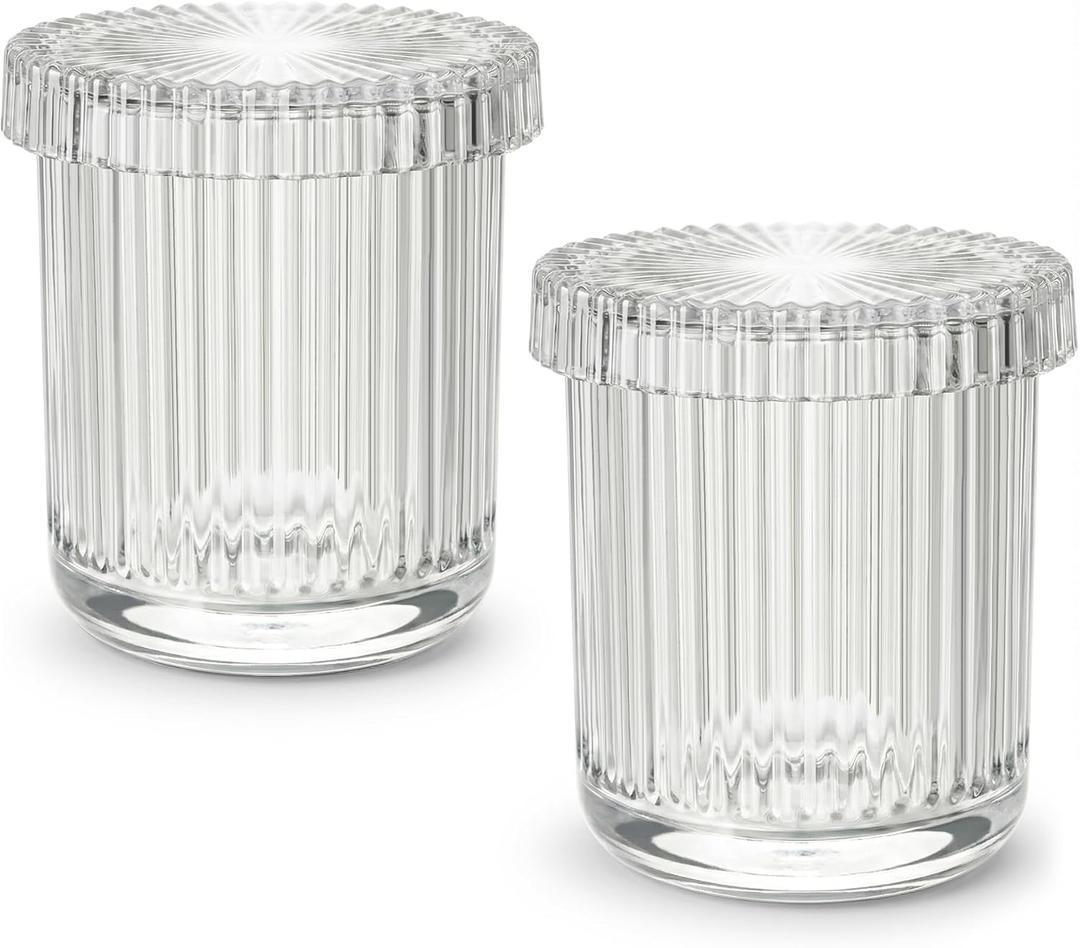 2 Pack Glass Qtip Holder Dispenser - Bathroom Organizers and Storage, Clear Apothecary Jars Set, Bathroom Essentials Accessories Decor, Vanity Makeup Storage Organizer (Clear)