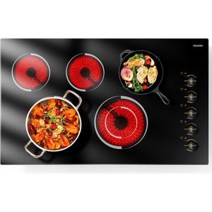 Electric Cooktop 36 Inch - Drop-in(34.25"x19.3") 5 Burner Electric Stove Top 8400W High Power, 36" Ceramic Cooktop Stove with Knob Touch, Dual Ring, Overheat Protection, 220-240V Hard Wired