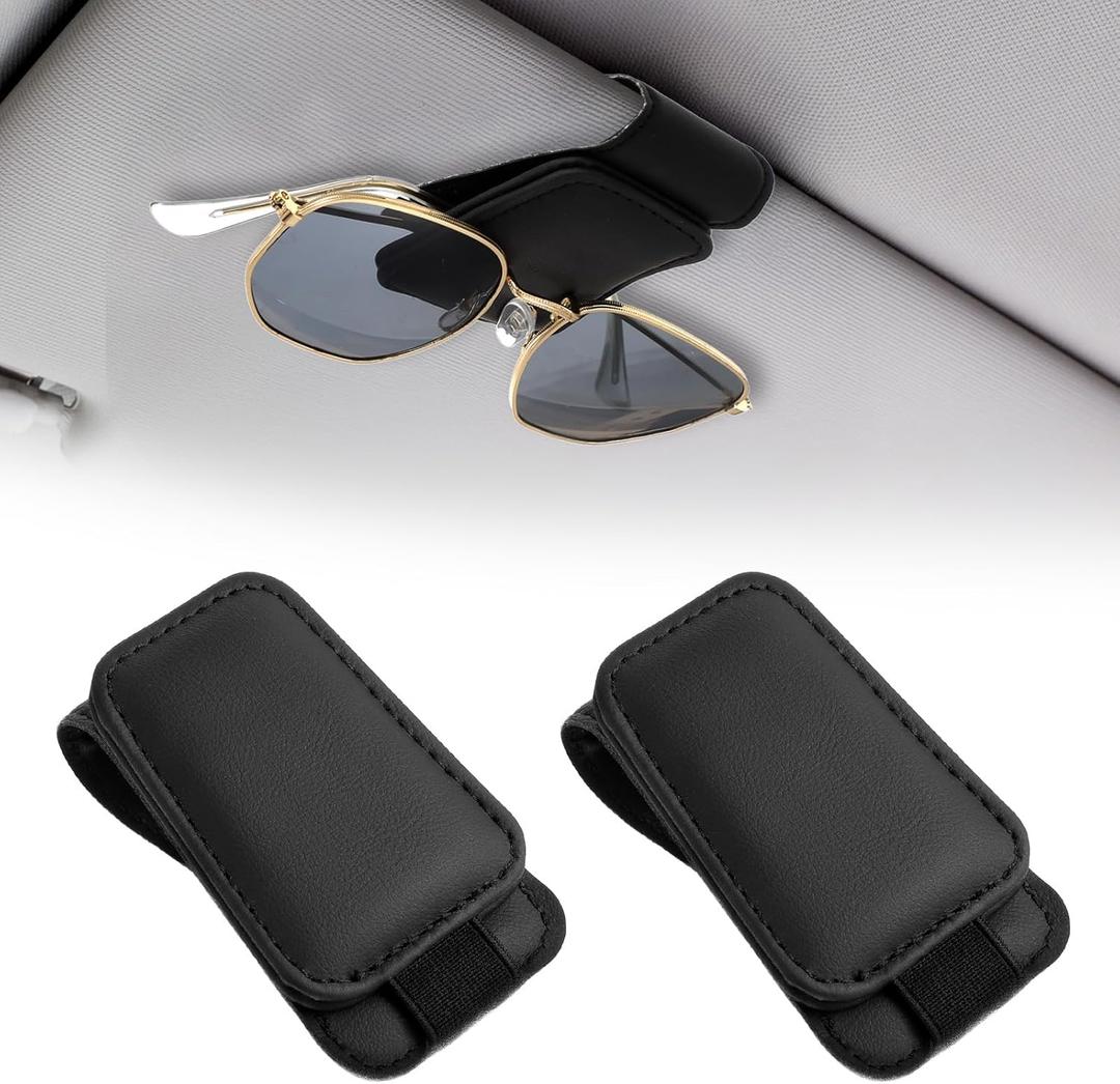 QFGasre 2 Pcs Sunglasses Holders for Car Visor Magnetic Leather Glasses Eyeglass Organizer Ticket Card Clip Sunglasses Mount for Car Accessories (Black)