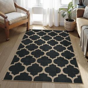 Lahome Moroccan 3x5 Outdoor Rug, Easy Jute Black Washable Rug for Entryway Front Porch, Geometric Trellis Woven Non Slip Door Mat for Entrance, Thin Non Shedding Farmhouse Throw Rugs for Balcony
