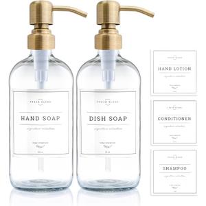 Vine Creations Clear Glass Soap Dispenser, 2 Pack Kitchen Soap Dispenser Set with Stainless Steel Pump, 16 oz Dish Soap and Hand Soap Dispensers for Bathroom with Waterproof Labels (Clear Bottle / Brushed Brass Pump)