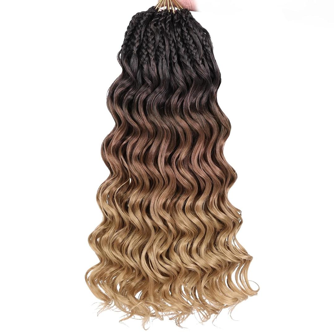 Leeven 14 Inch Pre Looped Ocean Wave Crochet Hair 8 Packs Short Curly Crochet Hair Ombre Brown to Blonde Boho Ocean Braids Pre Twisted Deep Wavy Synthetic Hair for Women (#1B/30/27)