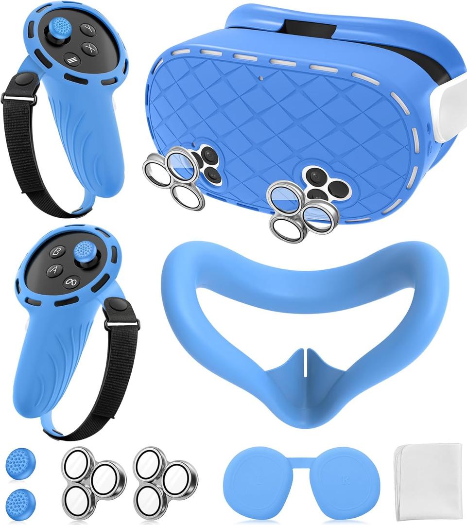 Silicone Cover Set Compatible with Meta/Oculus Quest 3s Accessories, Silicone Face Cover, Controller Grip Cover, Camera Lens Protector, VR Shell Cover, Protective Lens Cover, Not Fit Quest 3 (Blue)